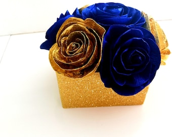 Centerpieces Gold Royal Boy Prince Navy Baby Blue Paper flowers table bridal Baby Shower decor Bouquet cobalt wedding beach Party baptism