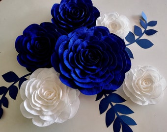 Royal blue gold white, large paper flowers Wall decor, Prince boy baby, bridal shower, communion Nautical backdrop, Wedding, birthday party