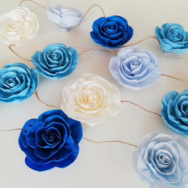 White royal Blue, Paper Flowers Garland Roses, photo backdrop wall decor, boy baby Nursery, blue sea party, boho wedding bridal Baby Shower