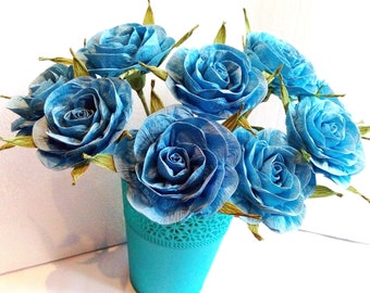 Roses Blue crepe Paper Flowers Blooms, Set of 6 blue Wedding Paper Flowers, Bridal Shower Decor, Royal Prince boy Baby Shower , Decorations