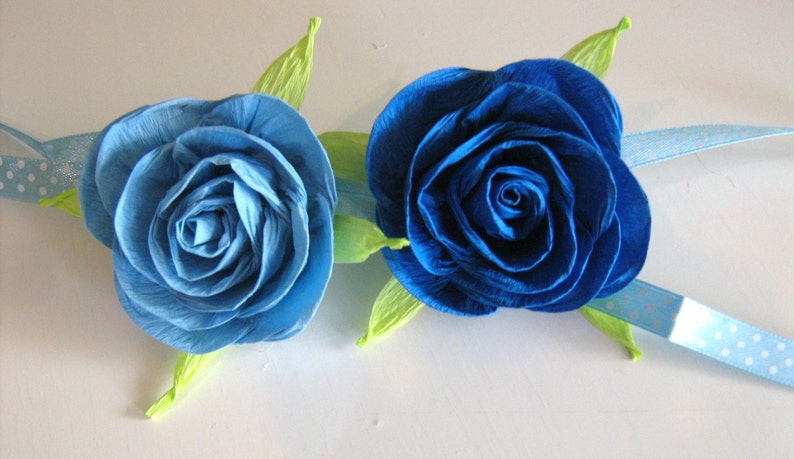 guest pin, corsage, navy Royal blue Bridesmaid bridal, boy Baby Shower, baptism sea beach wedding mother cuff bracelet crepe paper flower image 1