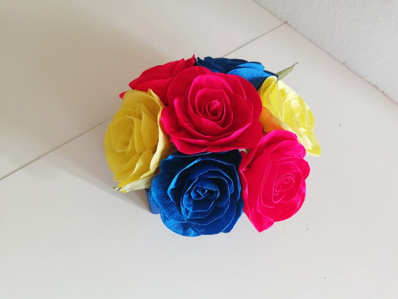 beauty and the beast wedding, Centerpieces, yellow red blue Paper flowers table decor bridal Shower Baby Shower Bouquet Belle Birthday Party image 4