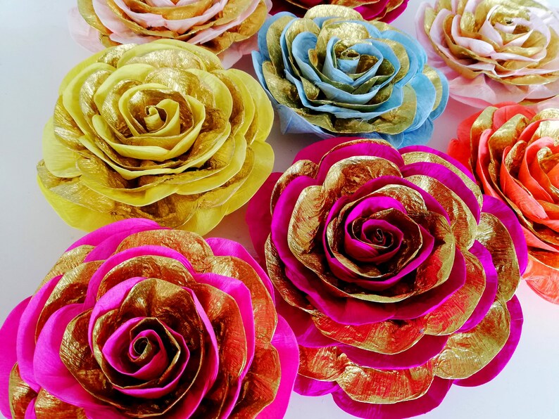 10 large paper flower wall decor mehndi backdrop Royal gold baby shower moroccan arabian nights sangeet Indian Wedding Hindu Bollywood Party image 4