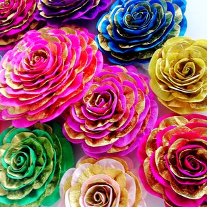 10 large paper flower wall decor mehndi backdrop Royal gold baby shower moroccan arabian nights sangeet Indian Wedding Hindu Bollywood Party image 1