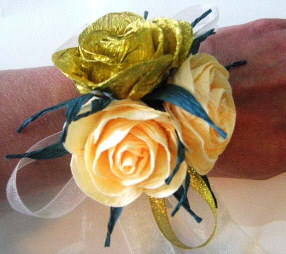 crepe paper flowers wrist corsage, gold Ivory cream rose, gatsby party, Wedding corsage Bridesmaids mothers bridal cuff bracelet wrist chick Il_570xn