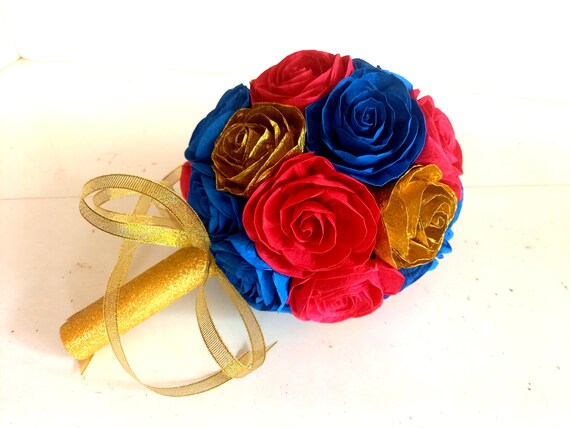beauty and the beast wedding Bridal bouquet bridesmaid blue Royal red quinceanera bouquet rose, Royal paper bouquet, wedding flowers bouquet Il_570xn