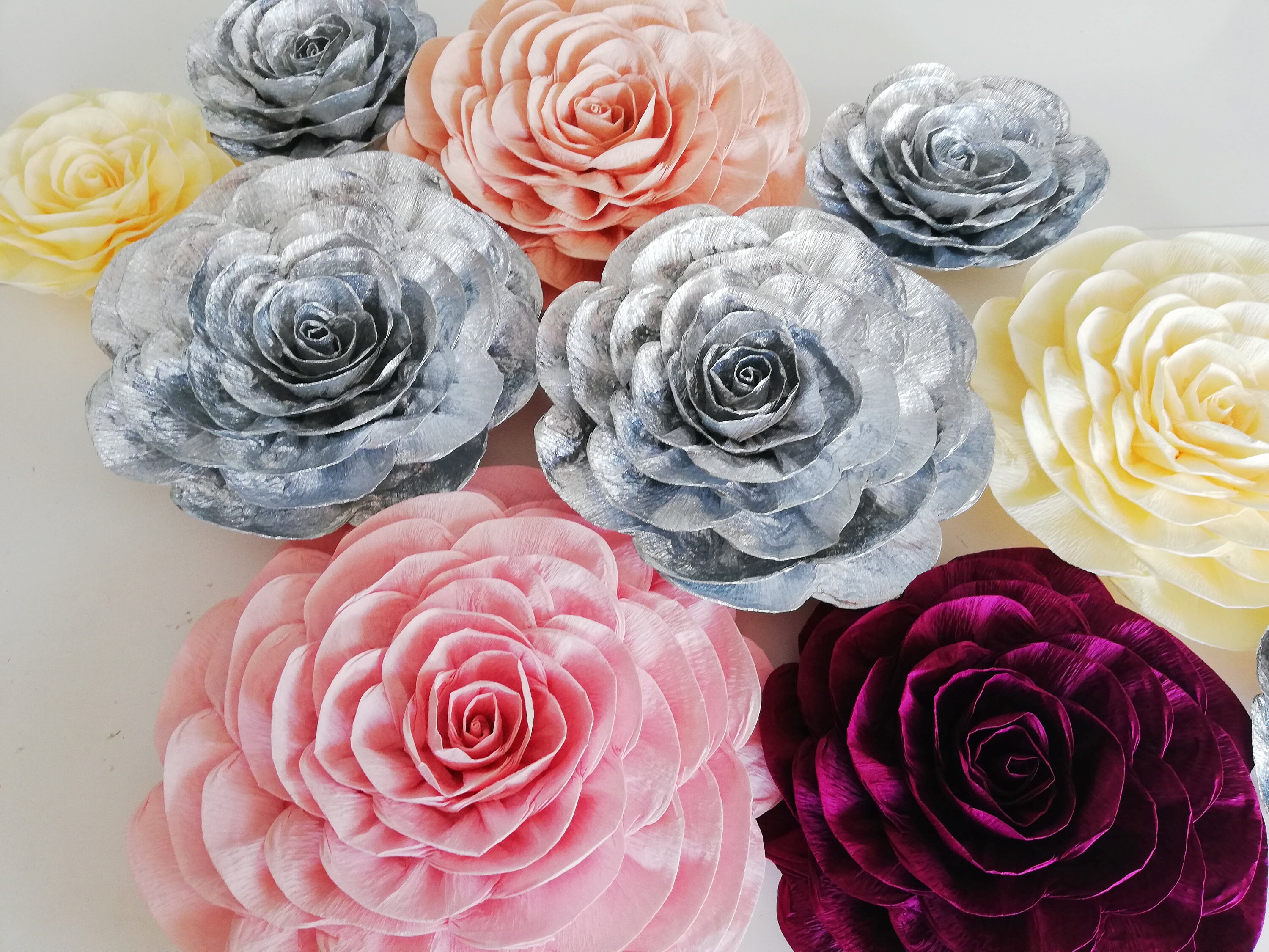 12 large crepe paper flowers Wall decor pink silver white Etsy