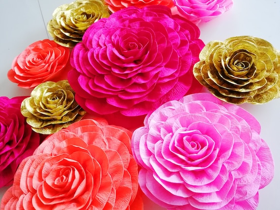 12 Large Paper Flowers Wall Decor, Red pink gold, Nursery wall, Indian Wedding, bridal baby Backdrop bohemian arabia night Party decorations Il_570xn