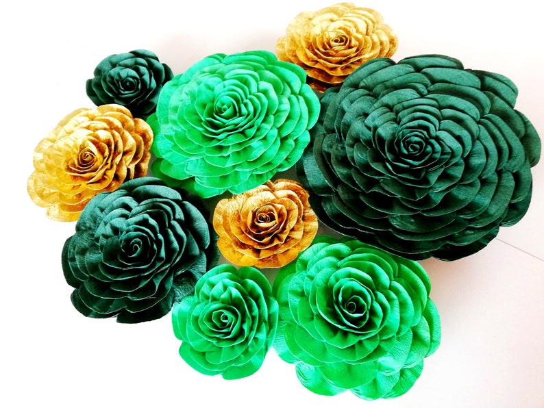 12 Large Paper Flowers Wall Decor Emerald Green Gold Wedding Etsy