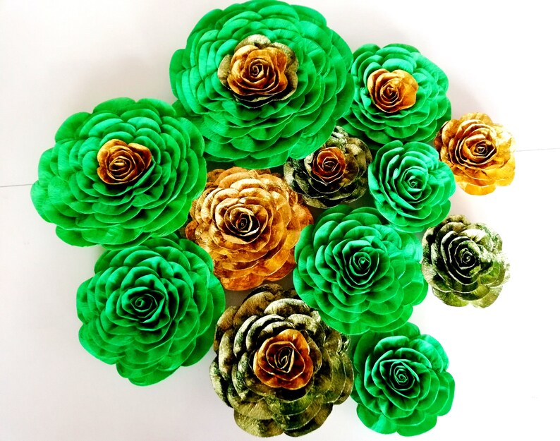 12 Large Paper Flowers Wall Decor Emerald Green Gold Wedding Etsy