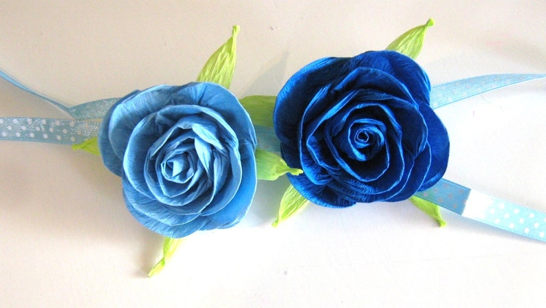 guest pin, corsage, navy Royal blue Bridesmaid bridal, boy Baby Shower, baptism sea beach wedding mother cuff bracelet crepe paper flower image 5