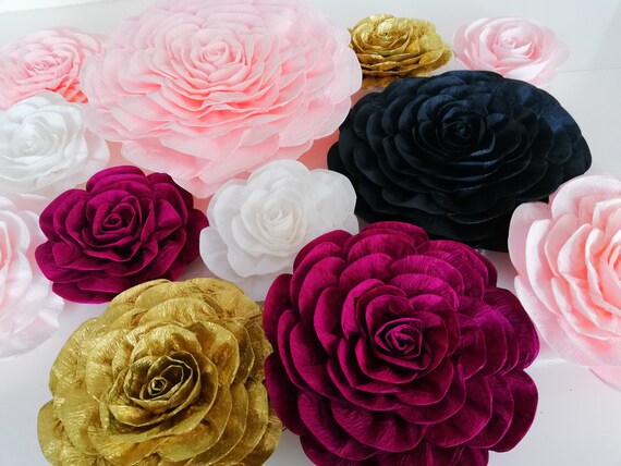 Blush Pink Gold Burgundy large paper flowers Purple Magenta Marsala Maroon wedding bridal baby shower sweet 16 backdrop decor Wall Birthday Il_570xn