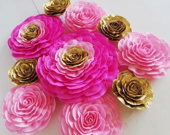 12 large crepe paper flowers Wall decor decorations woman birthday girls baby shower Pink gold kate party bridal spade shower sweet 16 decor