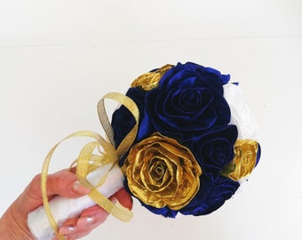 Royal navy Blue gold Silver, beauty and the beast wedding Bouquet bridal Bridesmaids paper flowers keepsake bridal bouquet quinceanera blue