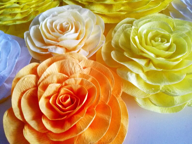 12 Large Crepe Paper Flowers Decor Wall Yellow White Nursery Etsy