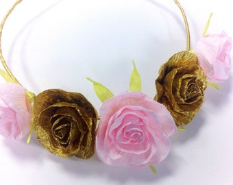 gold Pink, bridal Shower kate party decoration, Crown Flower, Girls Baby Shower, Wreath Festival Floral Crown, Halo Hair Girl first birthday