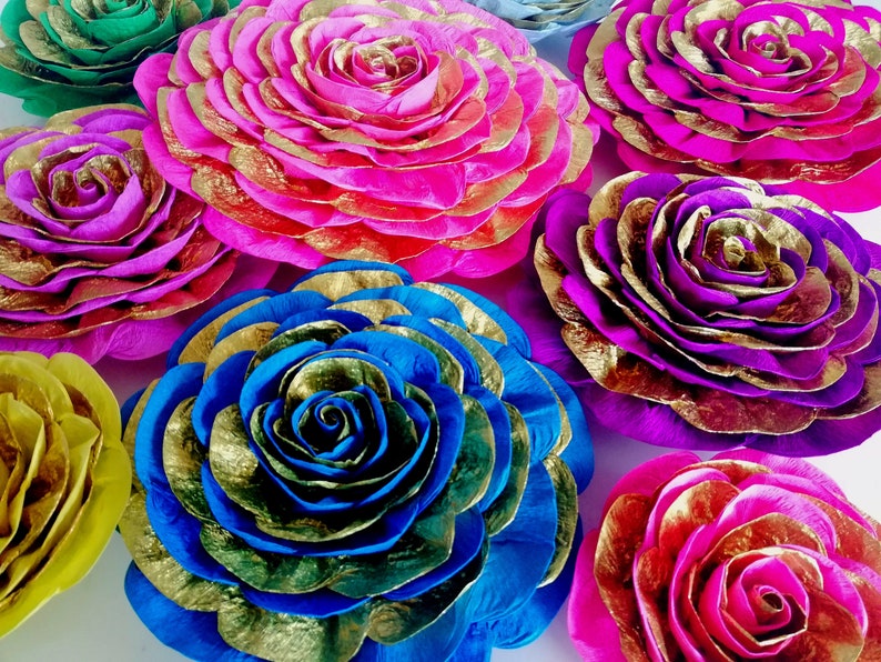 10 Large Paper Flowers Wall Gold Bollywood Indian Wedding Etsy