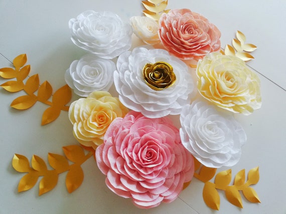 coral gold white Large Paper Flowers Wall decoration Wedding backdrop communion baptism bridal baby shower arch nursery decor birthday party Il_570xn