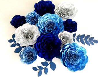 large paper flowers Wall decor Sparkling Glam Glitter silver royal blue bridal shower baby backdrop Wedding birthday party frozen cinderella