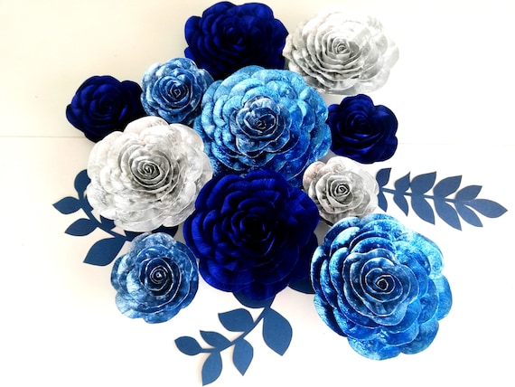 large paper flowers Wall decor Sparkling Glam Glitter silver royal blue bridal shower baby backdrop Wedding birthday party frozen cinderella Il_570xn