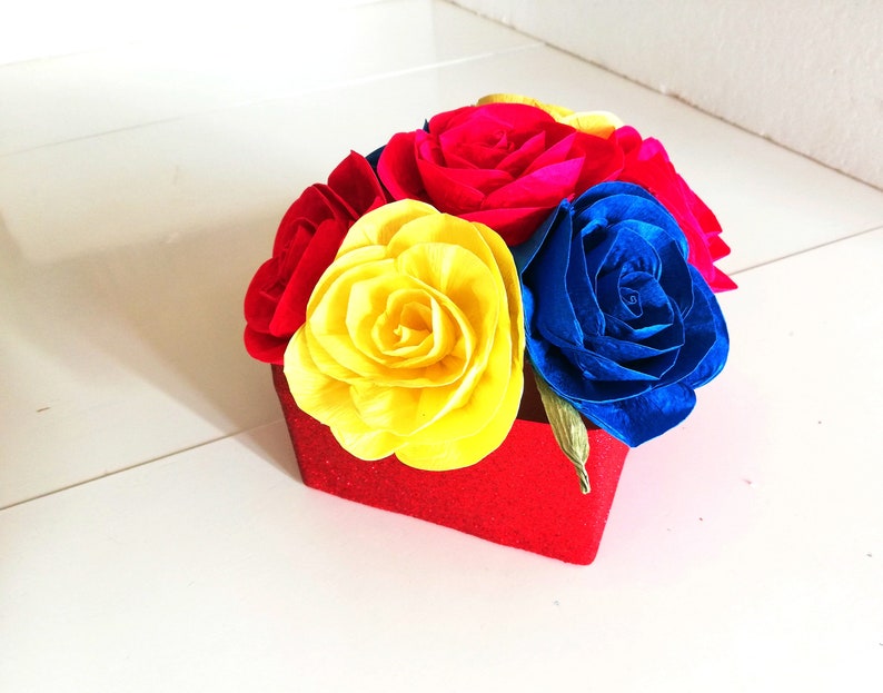 beauty and the beast wedding, Centerpieces, yellow red blue Paper flowers table decor bridal Shower Baby Shower Bouquet Belle Birthday Party image 3