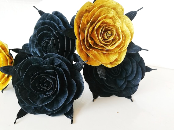 Black Gold Paper flowers 6 roses bouquet Great Gatsby gift Graduation prom Wedding Paris party Art decor Birthday Sweet 16 Quinceanera 20's Il_570xn