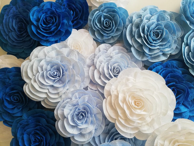 12 Large Paper Flowers Wall Decor Navy Royal Blue Silver Etsy