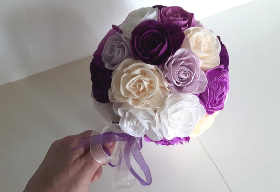 Wedding bridal Bouquet, bridesmaids Bouquet, quinceanera Bouquet, purple lavender plum cream white paper flower keepsake Roses peacock beach Il_570xn