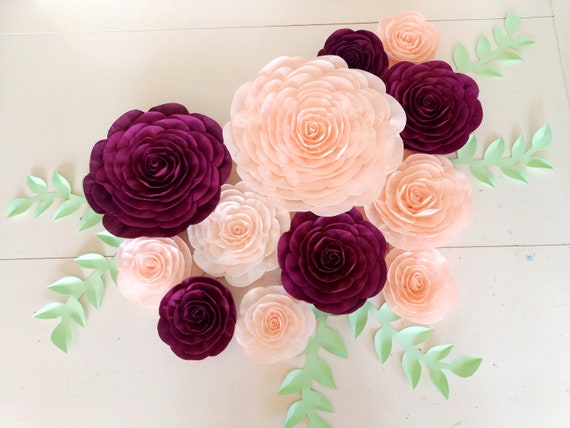Blush Pink Gold Burgundy large paper flowers, Purple Magenta Marsala Maroon wedding bridal baby shower sweet 16 backdrop decor Wall Birthday Il_570xn