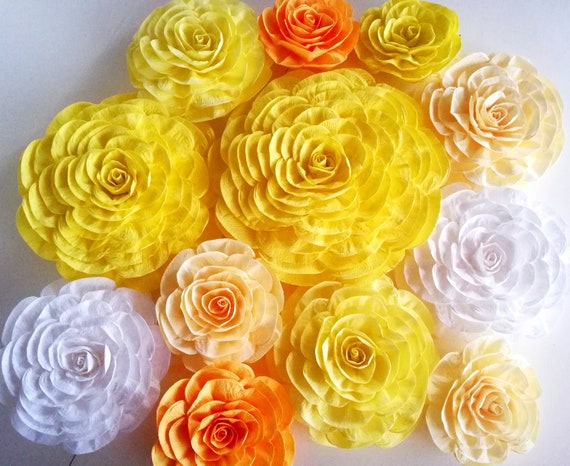 12 large crepe paper flowers decor Wall, yellow white, Nursery Princes Belle, Beast Beauty bridal wedding backdrop baptism, girl baby shower Il_570xn