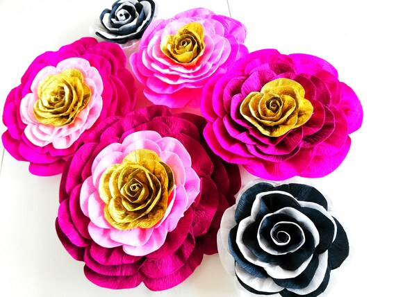 crepe Paper Flowers Wall decor kate, hot Pink Gold Black, Bridal Baby Shower Spade Party decorations Girls Sweet 16 Birthday Graduation Prom Il_570xn