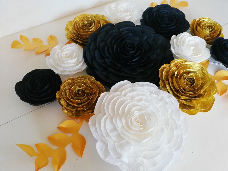 White black Gold, crepe paper flowers wall decor, large paper flowers roses, eid baby shower bridal, sweet 16 Gatsby, Gold Black Birthday image 9