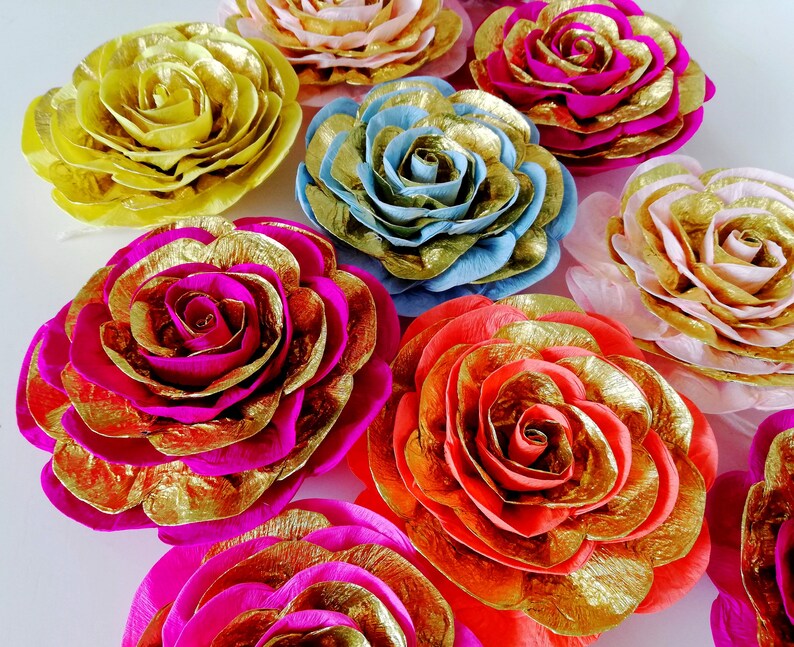 10 large paper flower wall decor mehndi backdrop Royal gold baby shower moroccan arabian nights sangeet Indian Wedding Hindu Bollywood Party image 3