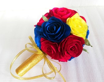 beauty and the beast wedding Bridal bouquet bridesmaid blue Royal red quinceanera bouquet rose, Royal paper bouquet, wedding flowers bouquet