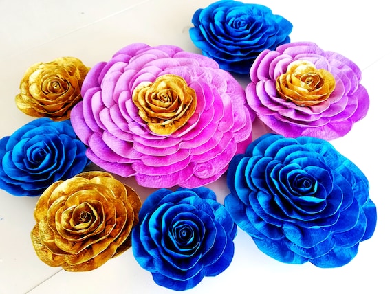 8 Large Paper Flowers Wall Decor Mehndi Backdrop Royal Blue Etsy