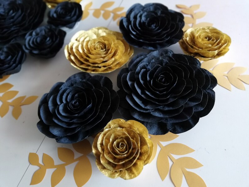 White black Gold, crepe paper flowers wall decor, large paper flowers roses, eid baby shower bridal, sweet 16 Gatsby, Gold Black Birthday image 7