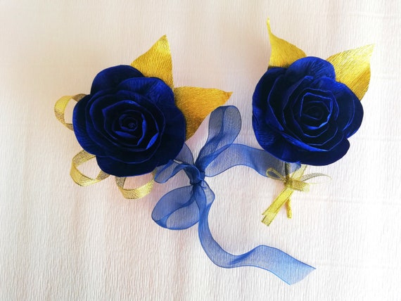 beauty and the beast wedding boutineers for groomsmen Royal blue silver gold Navy wrist corsage roses bridal Bridesmaids prom, baby shower Il_570xn