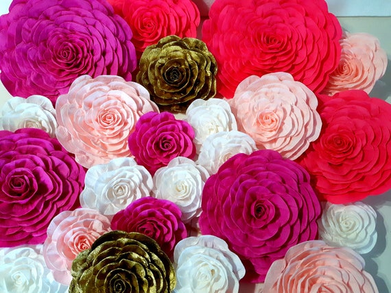 12 large paper flower wall decor Decoration victoria Pink gold white kate bridal spade secret pink party decorationsparty Il_570xn