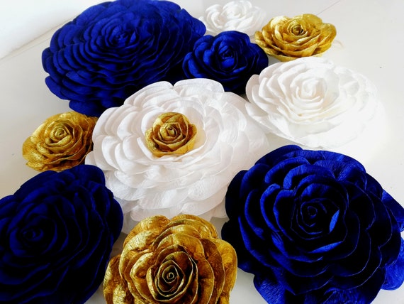 10 Royal blue gold, large paper flowers, decor bridal shower, Baptism Prince boy baby, communion Nautical backdrop Wedding birthday party Il_570xn