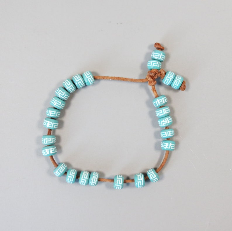 Cool 1980s Bracelet on Leather Band Turquoise Handmade Beads Loose Ceramic Beads