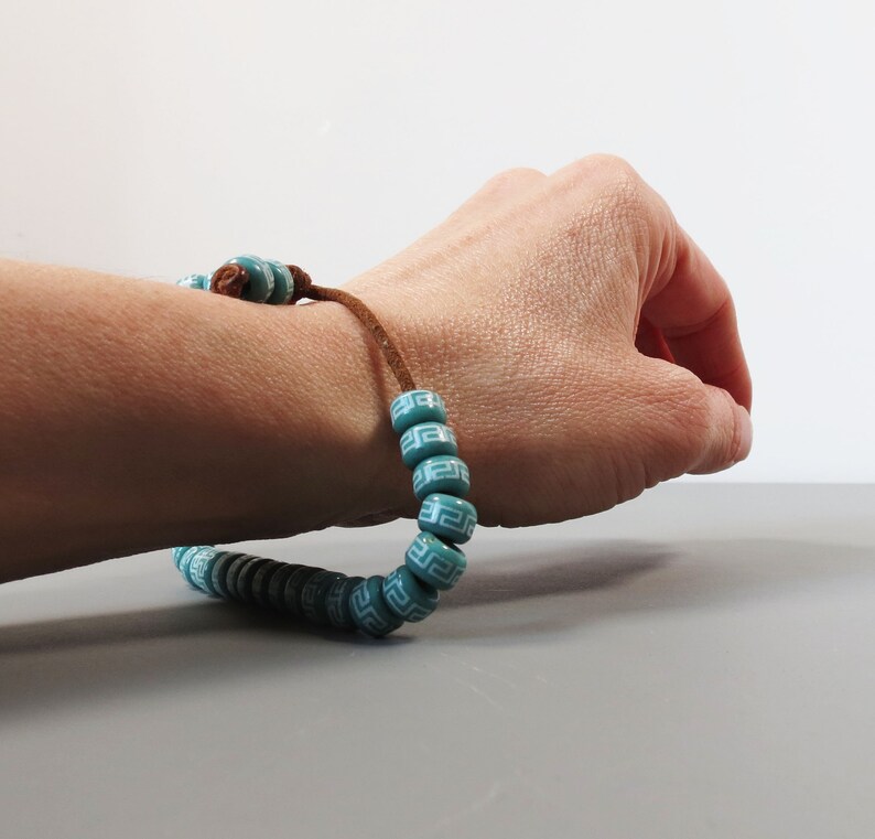 Cool 1980s Bracelet on Leather Band Turquoise Handmade Beads Loose Ceramic Beads