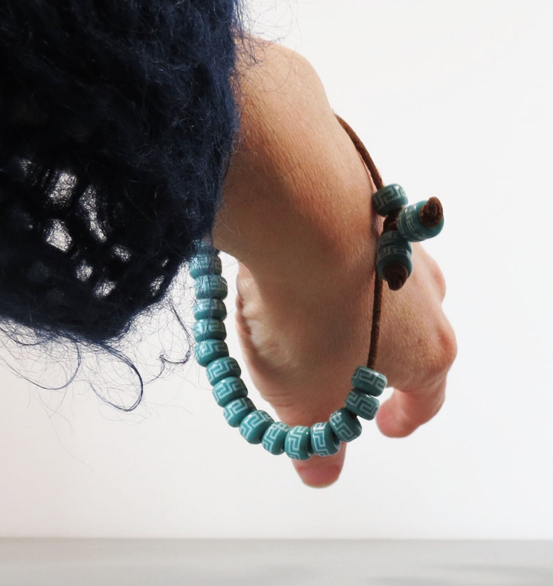 Cool 1980s Bracelet on Leather Band Turquoise Handmade Beads Loose Ceramic Beads