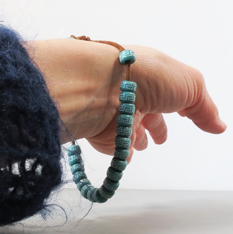Cool 1980s Bracelet on Leather Band Turquoise Handmade Beads Loose Ceramic Beads