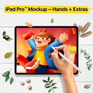 May include: A digital illustration of a cartoon character wearing a blue jacket and yellow shirt, holding a red envelope. The illustration is displayed on an iPad Pro tablet, with a hand holding a stylus hovering over the screen.