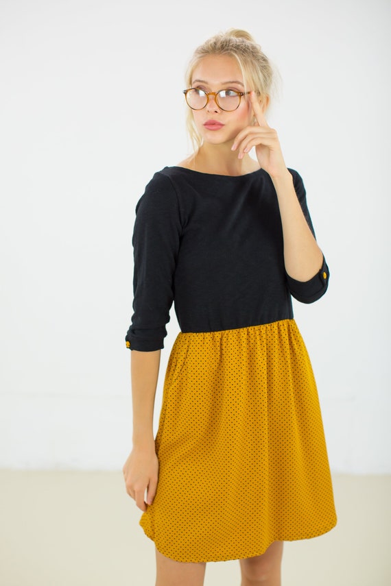 black and mustard yellow dress Dress Luiza Black Mustard Polka Dots