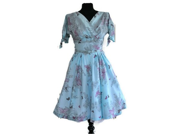 1950's Blue Novelty Butterfly Print Dress // Full