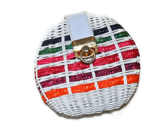 Vintage 1950's Round White Wicker Bag // Bright C