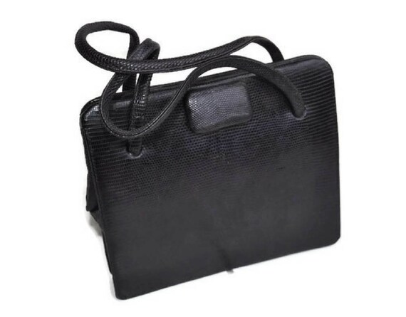 Vintage Navy Blue Lizard Skin Handbag // Rectangle