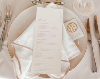 Menú de boda neutro, tono sobre tono, menú personalizado beige nude