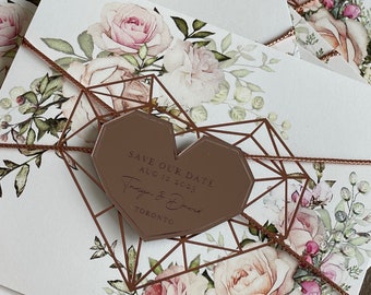 Corazones acrílicos con espejo grabado para guardar las fechas, oro rosa, oro o plata